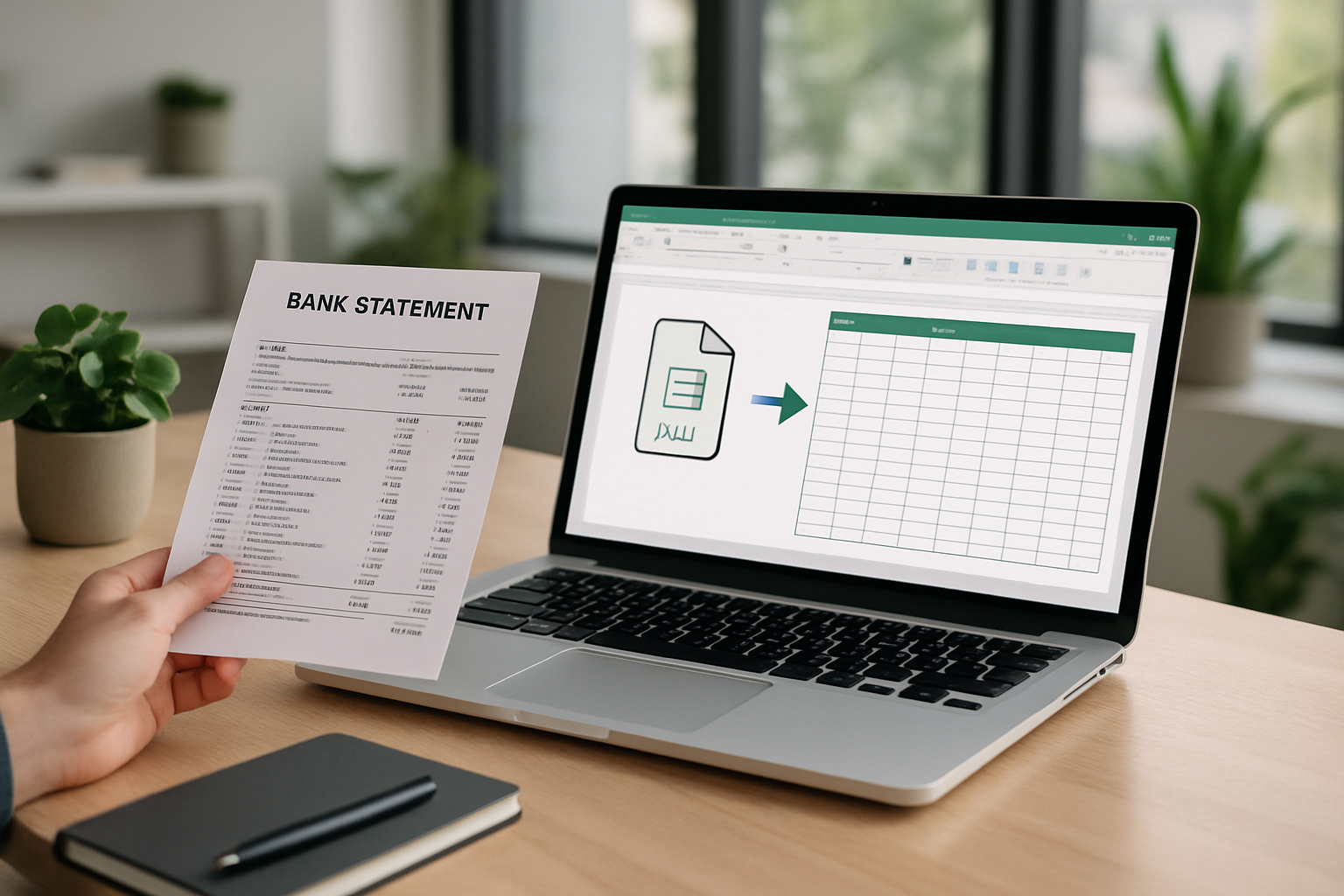 Screenshot showing manual bank statement data extraction process from PDF to Excel spreadsheet